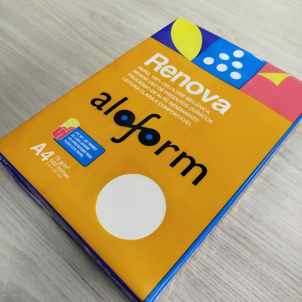 Papel Ecológico A4 75g Resma 500 folhas Celulose - Alorform Renova - Gráfica Globalcards