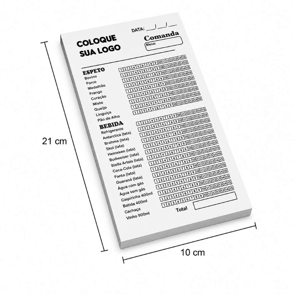 Bloco de Comanda ou Pedido Sulfite 75g Impressão PB 10x21cm 1x0 cor c/100 fls - Gráfica Globalcards